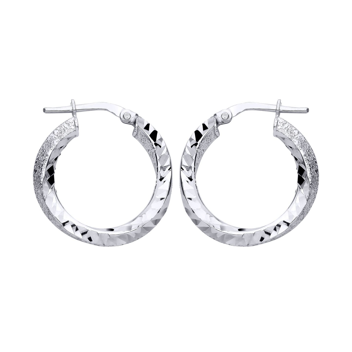 Sterling Silver Textured Glittery Finish & Polished Twist Hoop Earrings - EAG1309