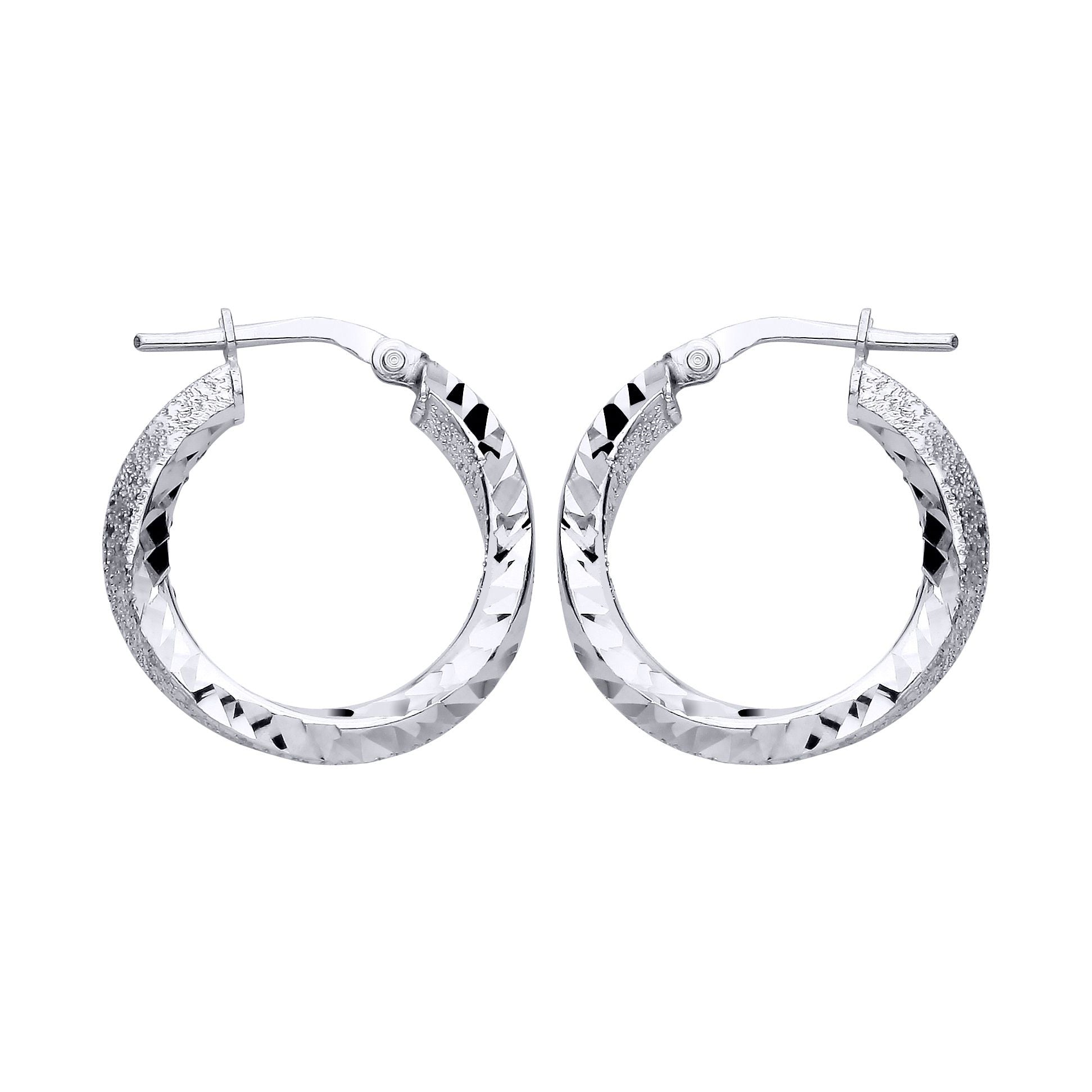 Sterling Silver Textured Glittery Finish & Polished Twist Hoop Earrings - EAG1309