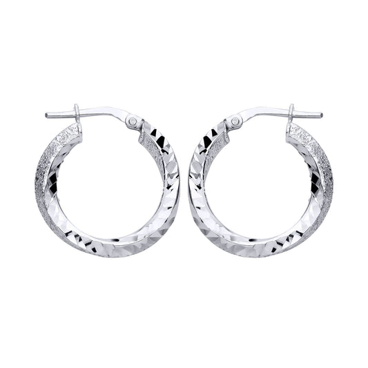 Sterling Silver Textured Glittery Finish & Polished Twist Hoop Earrings - EAG1309