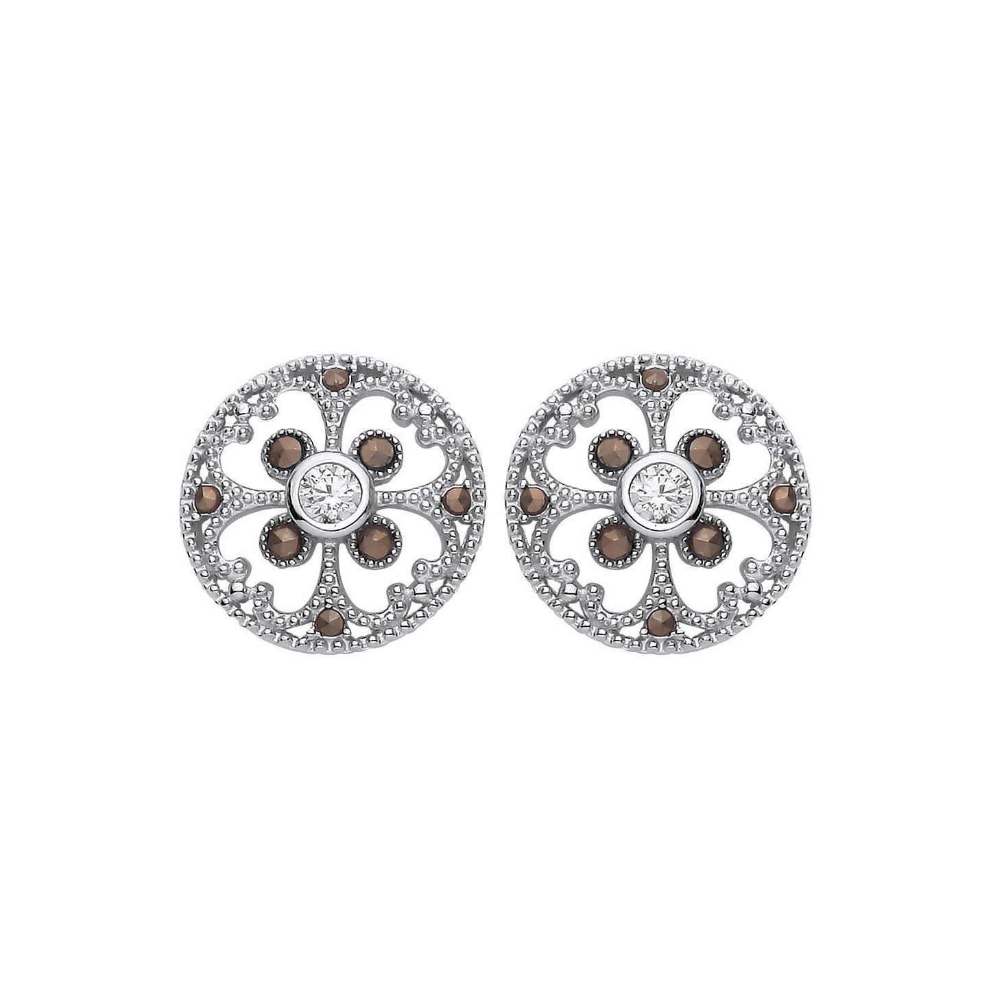 Silver  Brown CZ Clover Mosaic Hot Cross Bun Button Drop Earrings - EAG1310