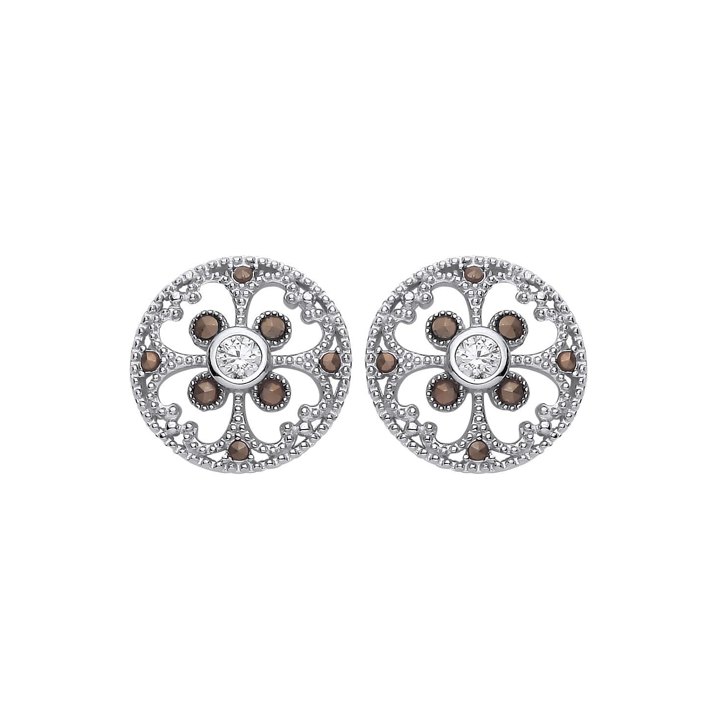 Silver  Brown CZ Clover Mosaic Hot Cross Bun Button Drop Earrings - EAG1310