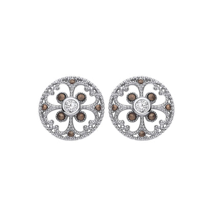 Silver  Brown CZ Clover Mosaic Hot Cross Bun Button Drop Earrings - EAG1310
