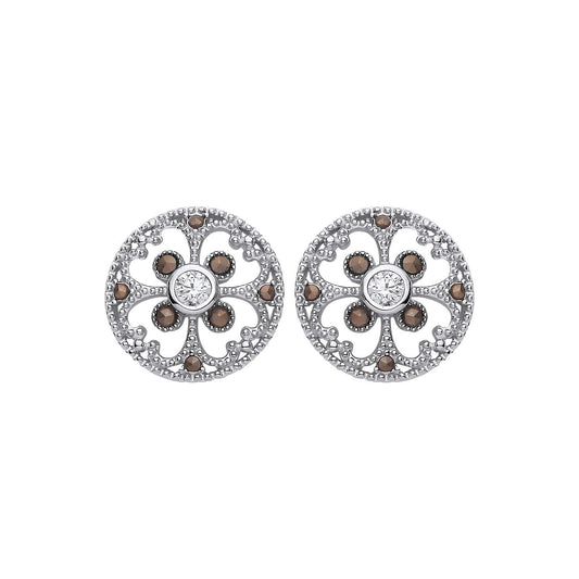 Silver  Brown CZ Clover Mosaic Hot Cross Bun Button Drop Earrings - EAG1310