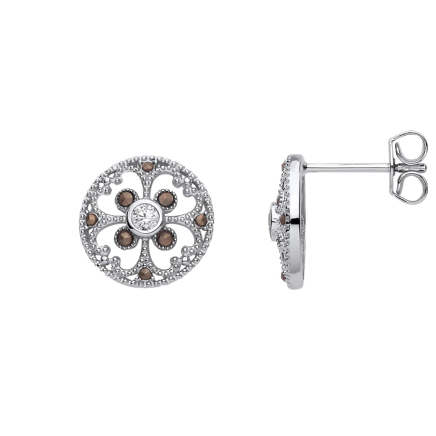 Silver  Brown CZ Clover Mosaic Hot Cross Bun Button Drop Earrings - EAG1310