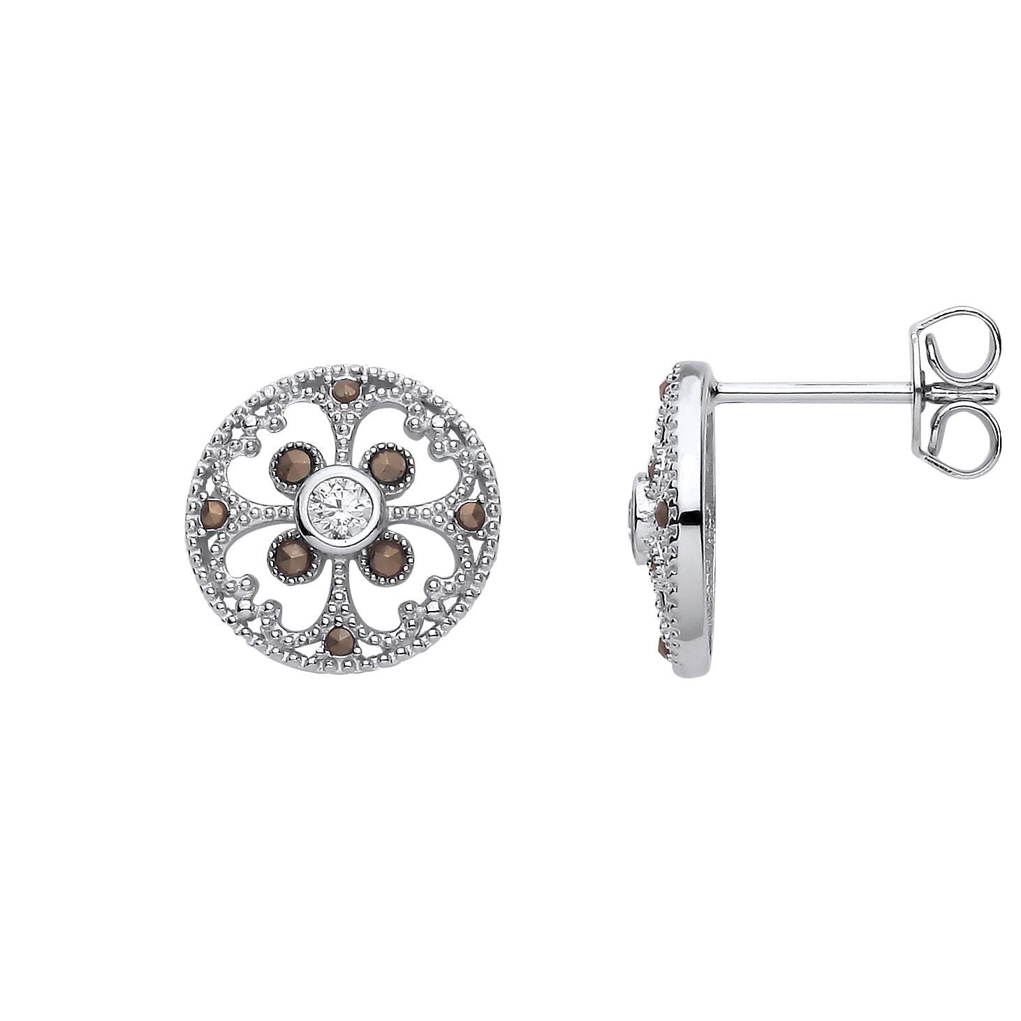 Silver  Brown CZ Clover Mosaic Hot Cross Bun Button Drop Earrings - EAG1310