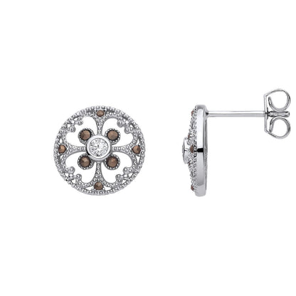 Silver  Brown CZ Clover Mosaic Hot Cross Bun Button Drop Earrings - EAG1310