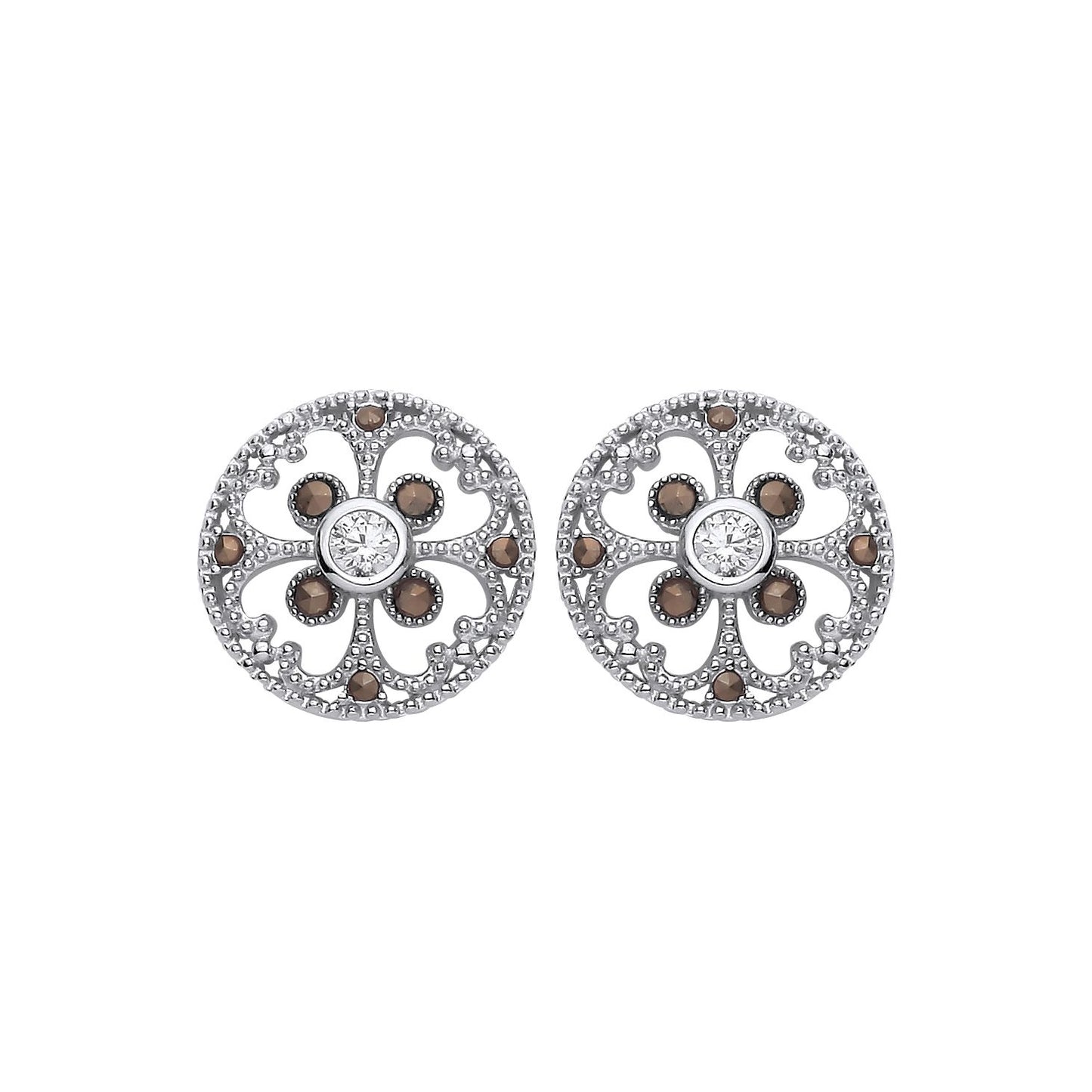 Sterling Silver CZ Filigree Floral Stud Earrings - EAG1310