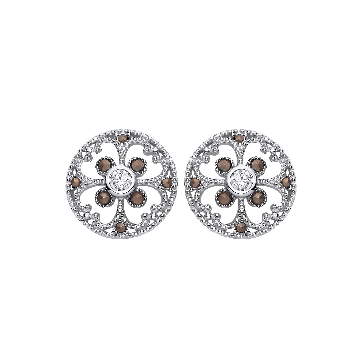 Sterling Silver CZ Filigree Floral Stud Earrings - EAG1310