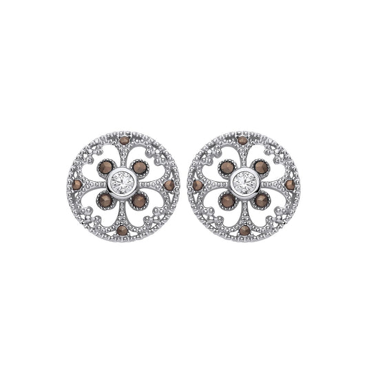 Sterling Silver CZ Filigree Floral Stud Earrings - EAG1310