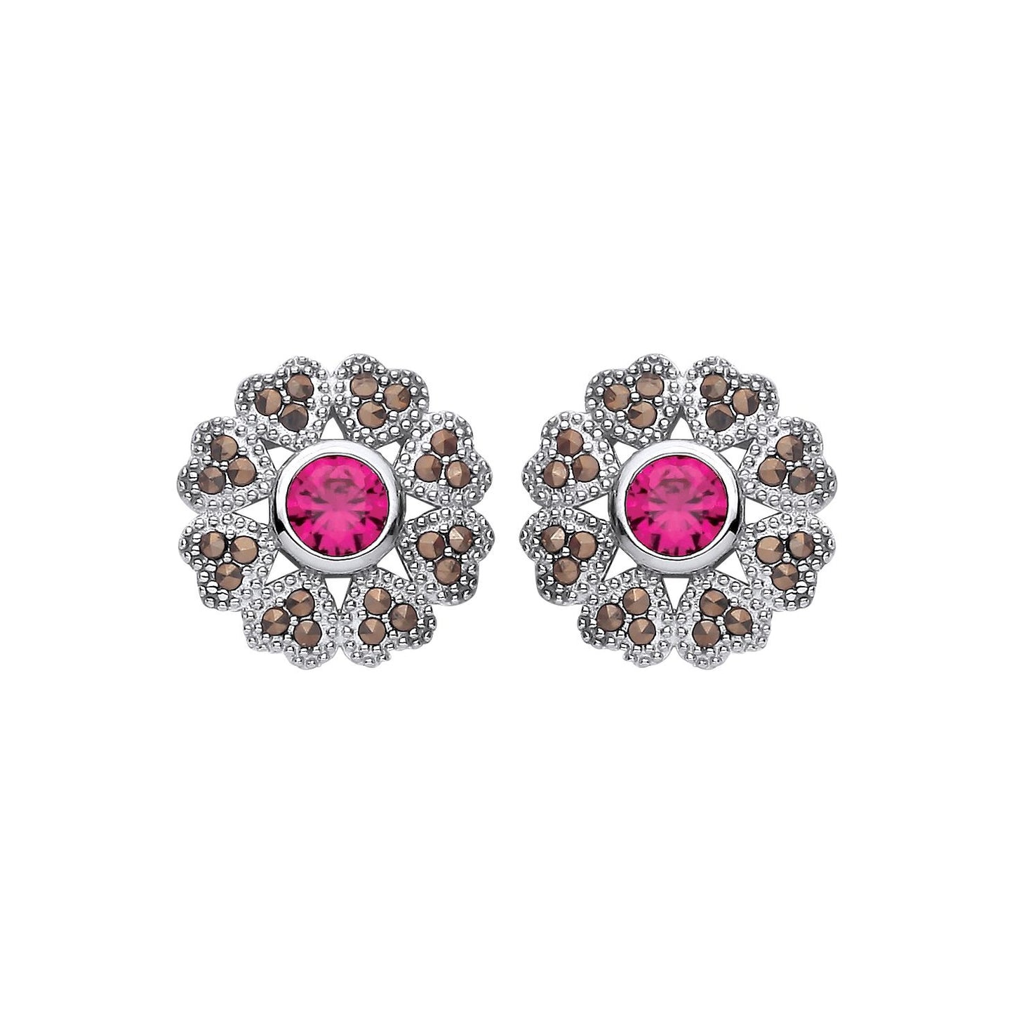 Sterling Silver CZ & Ruby Flower Stud Earrings - EAG1311