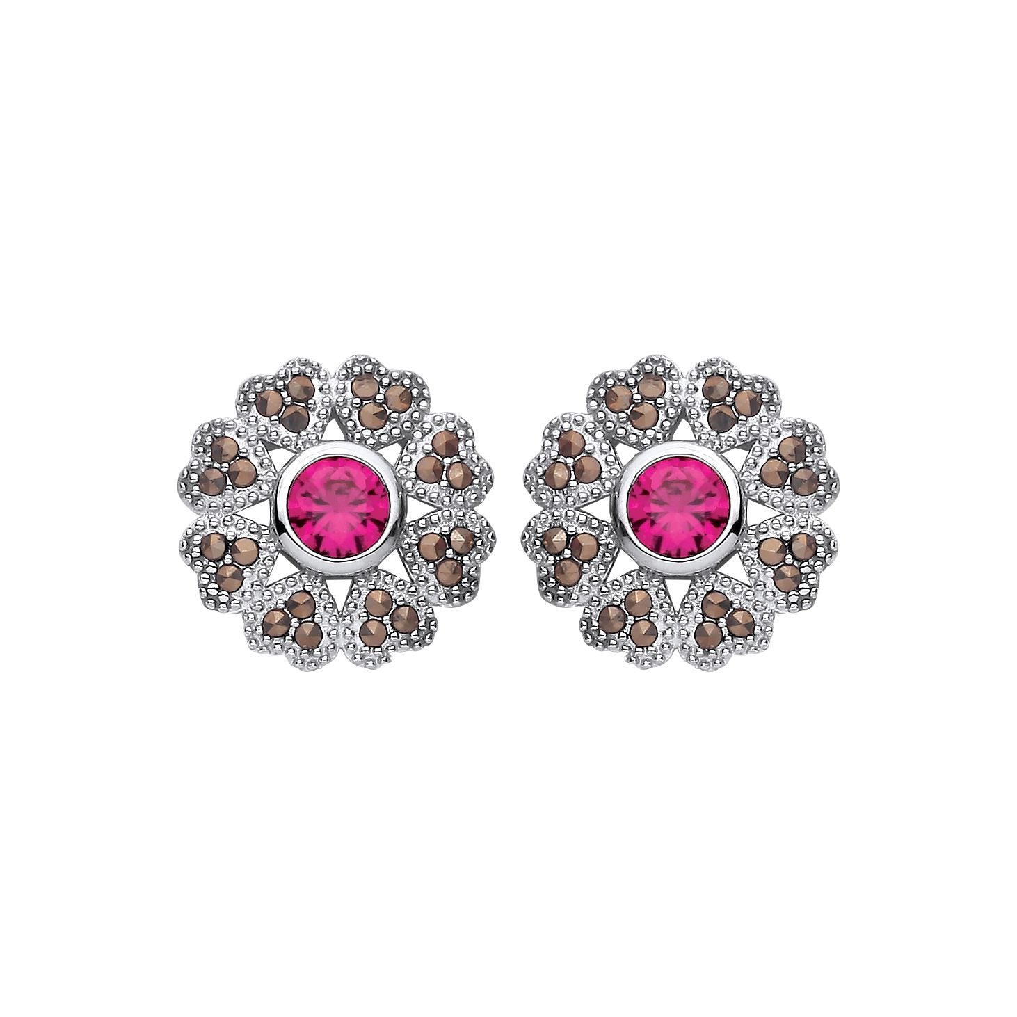 Sterling Silver CZ & Ruby Flower Stud Earrings - EAG1311