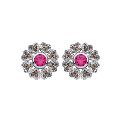 Sterling Silver CZ & Ruby Flower Stud Earrings - EAG1311