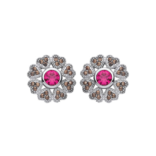 Sterling Silver CZ & Ruby Flower Stud Earrings - EAG1311