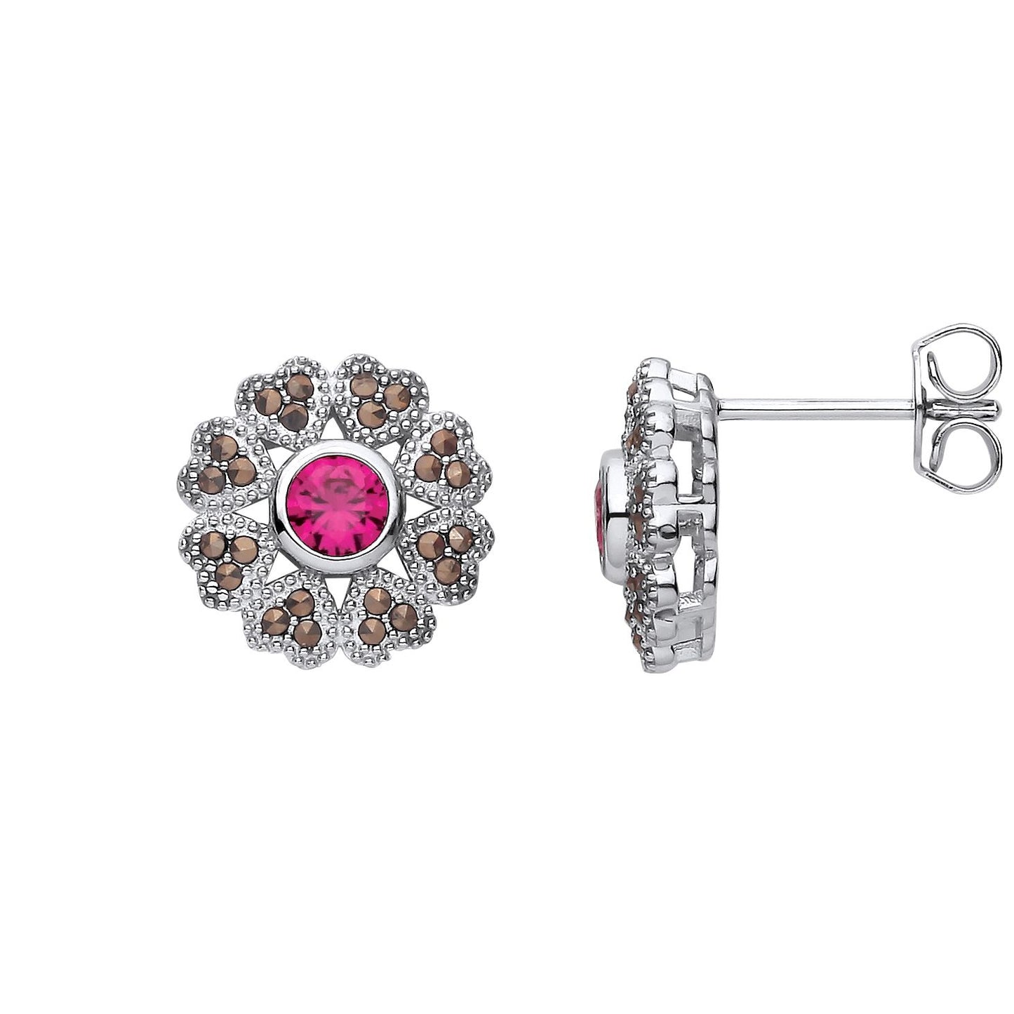 Sterling Silver CZ & Ruby Flower Stud Earrings - EAG1311