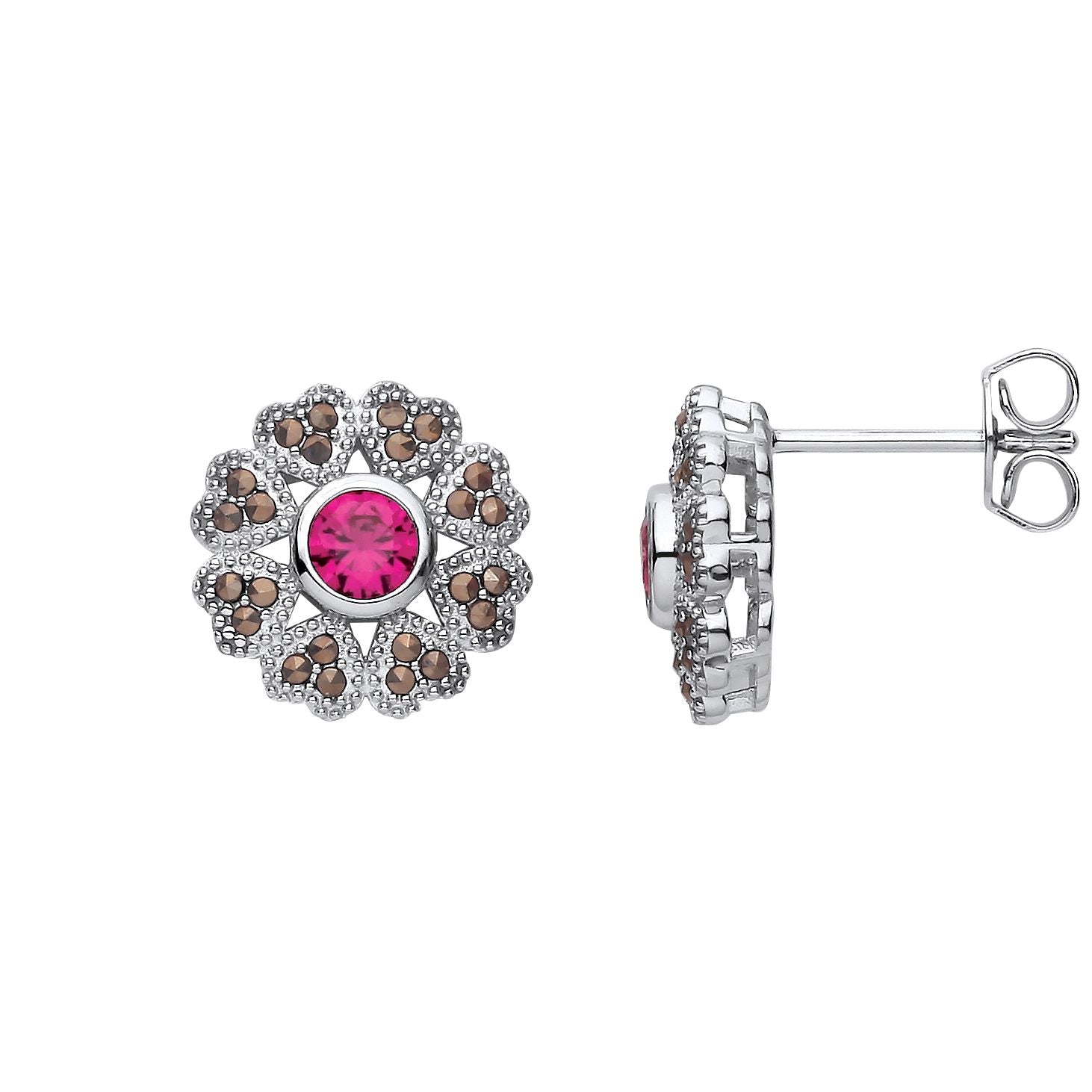 Sterling Silver CZ & Ruby Flower Stud Earrings - EAG1311