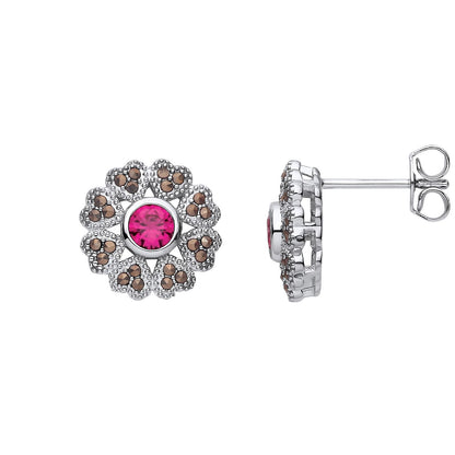 Sterling Silver CZ & Ruby Flower Stud Earrings - EAG1311