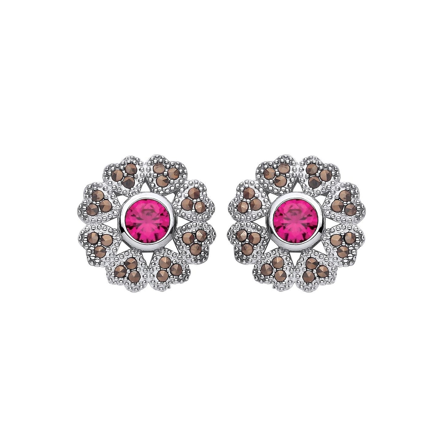 Silver  Red Marcusite CZ Chocolate Hearts & Arrows Drop Earrings - EAG1311