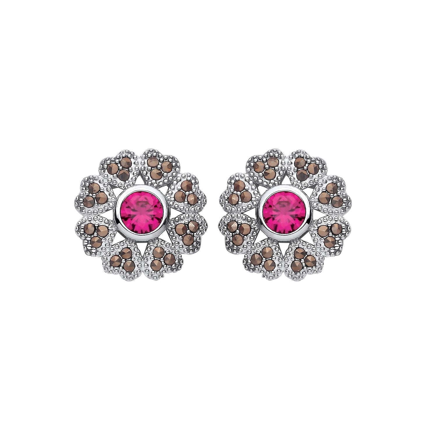Silver  Red Marcusite CZ Chocolate Hearts & Arrows Drop Earrings - EAG1311