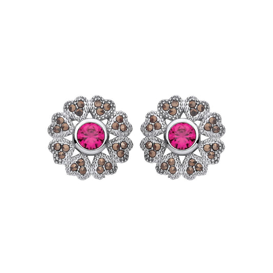 Silver  Red Marcusite CZ Chocolate Hearts & Arrows Drop Earrings - EAG1311
