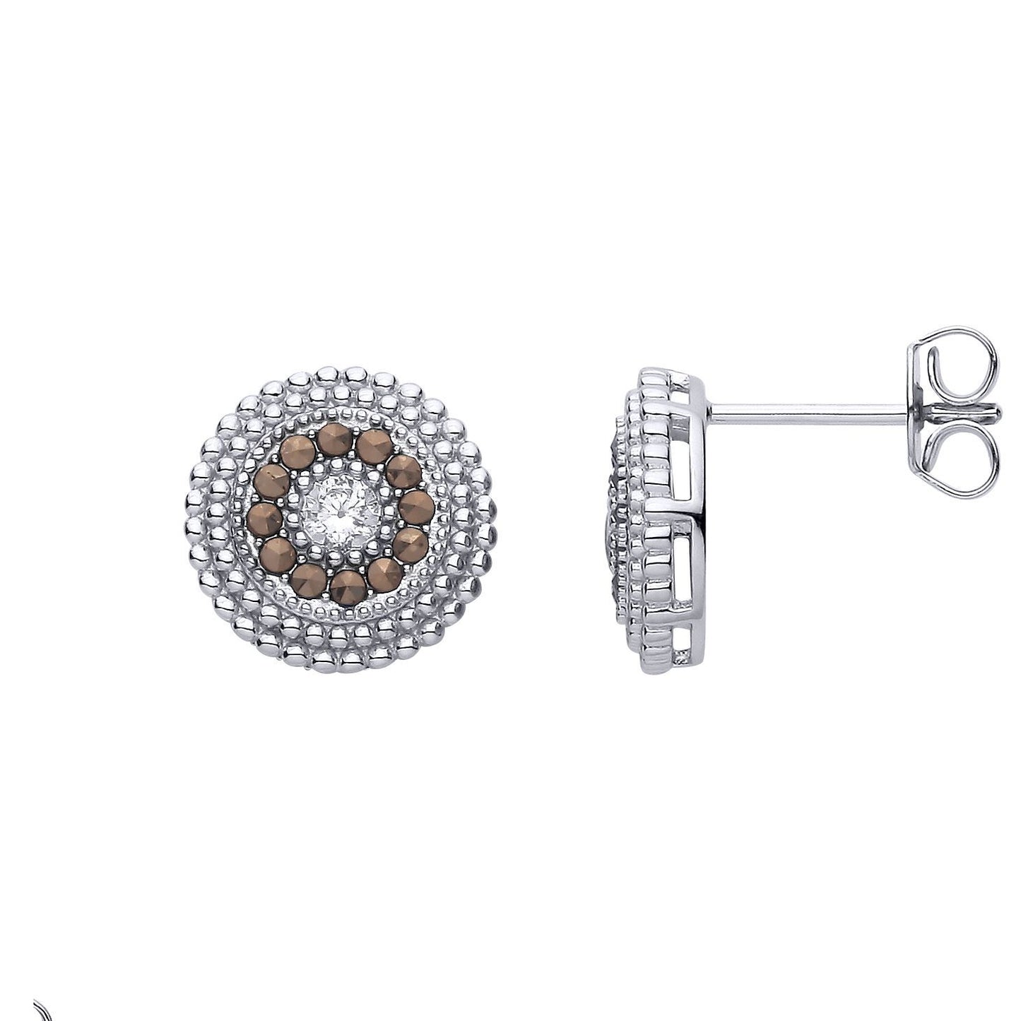 Silver  Brown Marcusite & CZ Beaded Halo Solitaire Drop Earrings - EAG1312