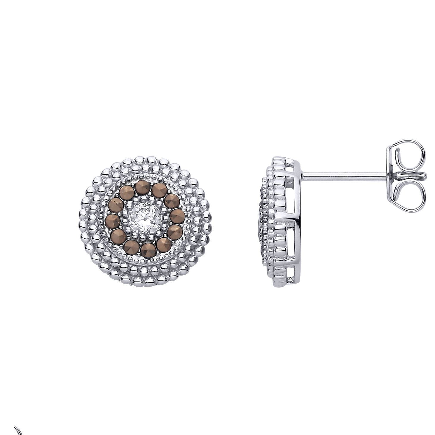 Silver  Brown Marcusite & CZ Beaded Halo Solitaire Drop Earrings - EAG1312