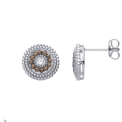 Silver  Brown Marcusite & CZ Beaded Halo Solitaire Drop Earrings - EAG1312