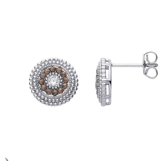 Silver  Brown Marcusite & CZ Beaded Halo Solitaire Drop Earrings - EAG1312