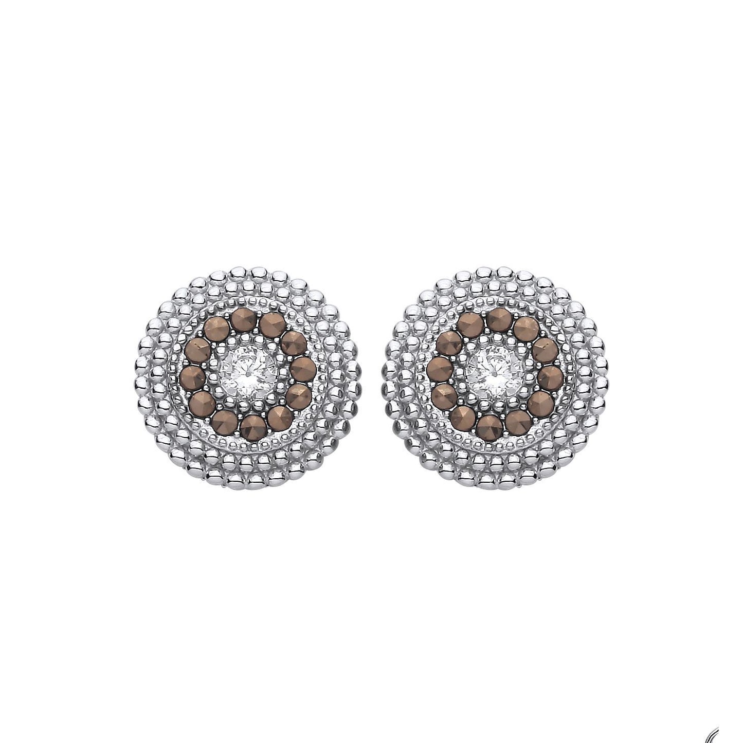 Silver  Brown Marcusite & CZ Beaded Halo Solitaire Drop Earrings - EAG1312