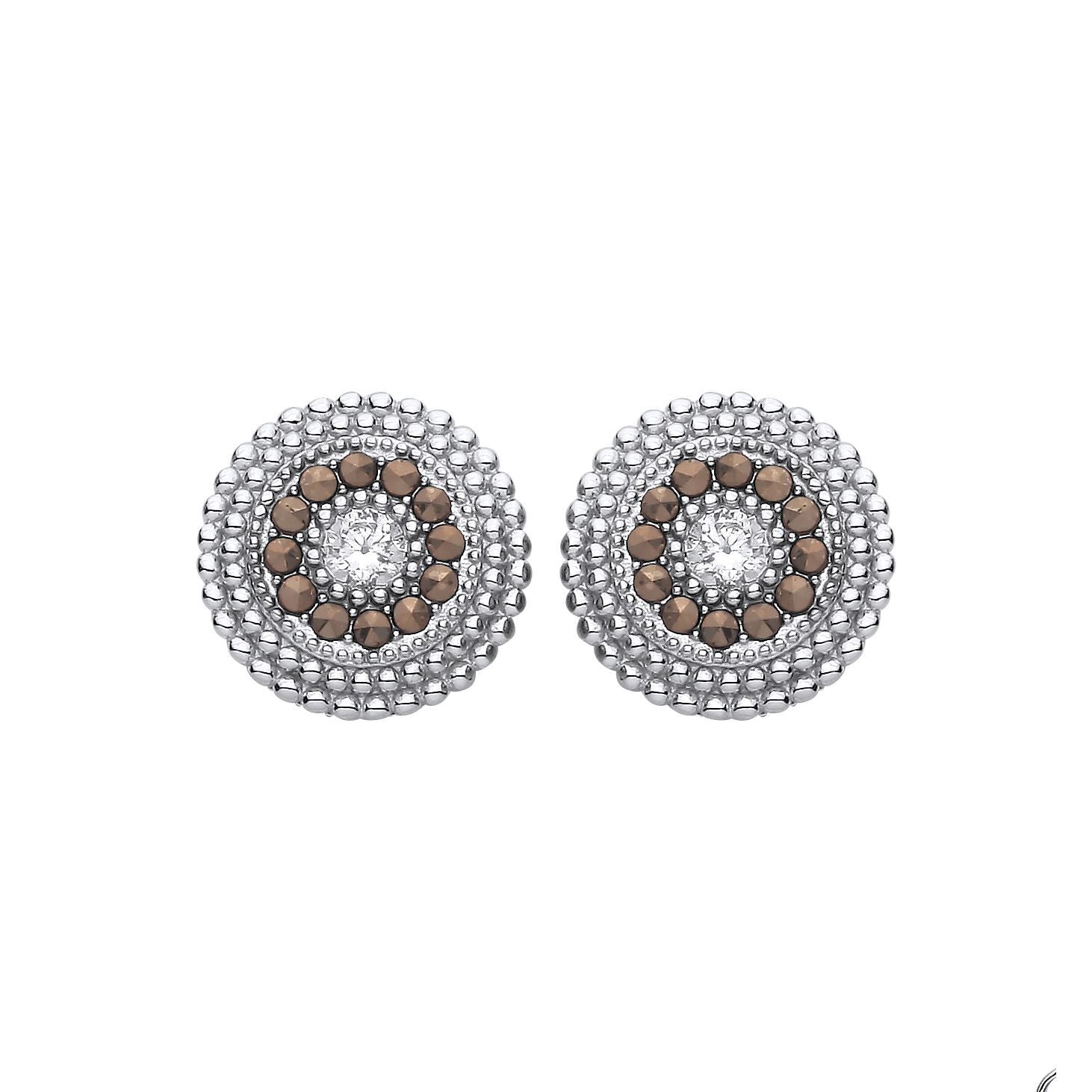 Silver  Brown Marcusite & CZ Beaded Halo Solitaire Drop Earrings - EAG1312
