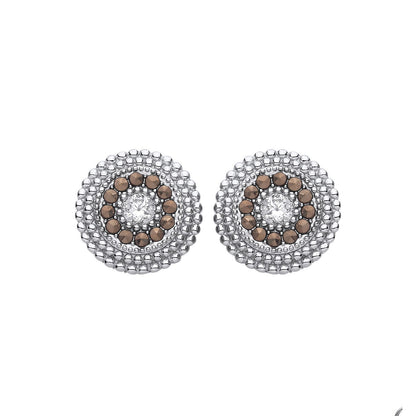 Silver  Brown Marcusite & CZ Beaded Halo Solitaire Drop Earrings - EAG1312