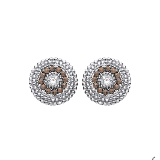 Silver  Brown Marcusite & CZ Beaded Halo Solitaire Drop Earrings - EAG1312