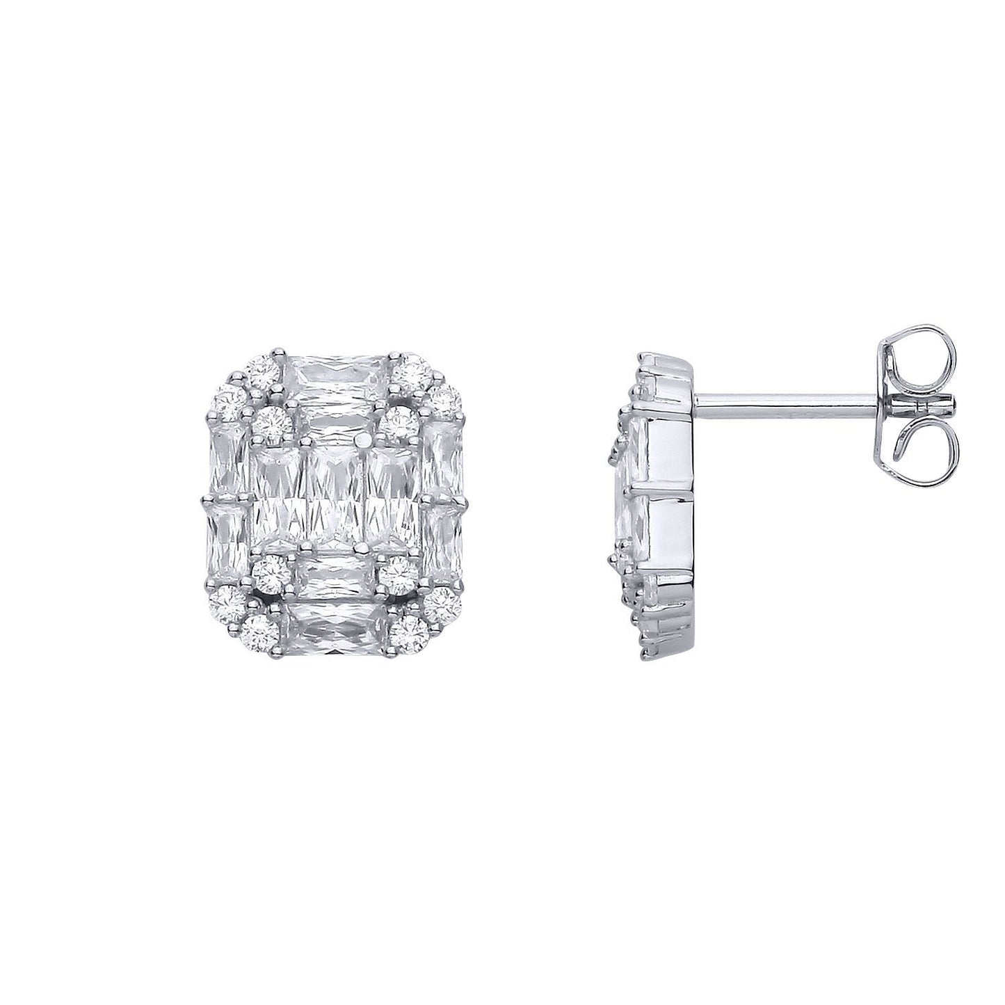 Silver  Radiant CZ Illusion-Emerald-cut Puzzle Drop Earrings - EAG1315