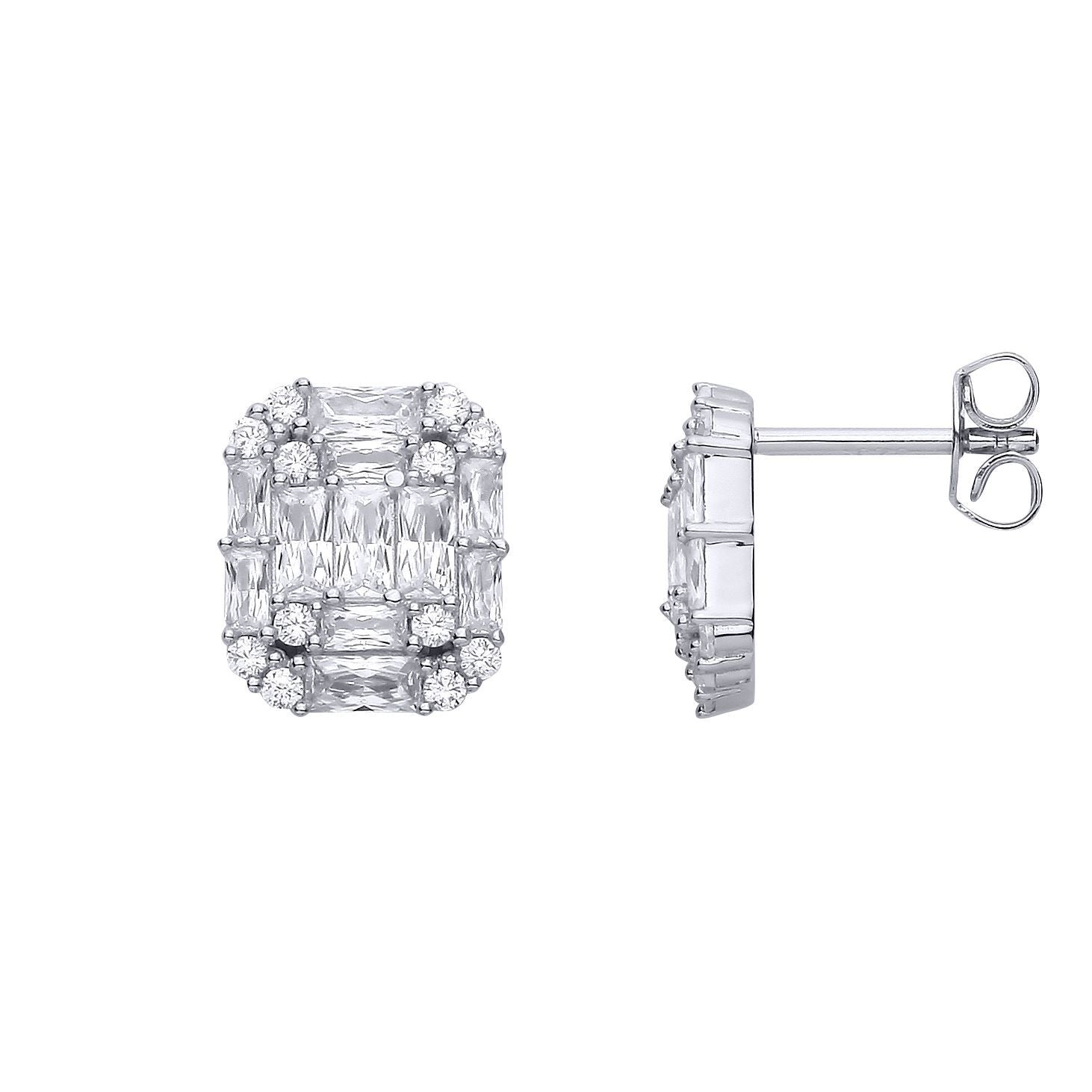 Silver  Radiant CZ Illusion-Emerald-cut Puzzle Drop Earrings - EAG1315