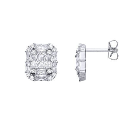 Silver  Radiant CZ Illusion-Emerald-cut Puzzle Drop Earrings - EAG1315