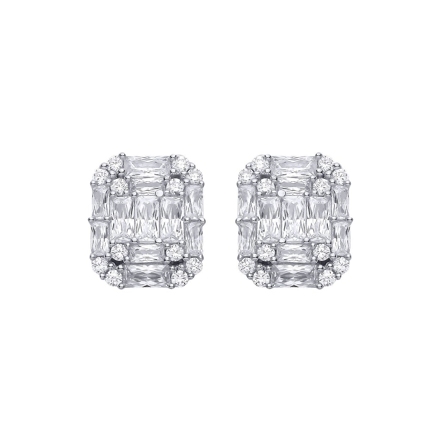 Silver  Radiant CZ Illusion-Emerald-cut Puzzle Drop Earrings - EAG1315