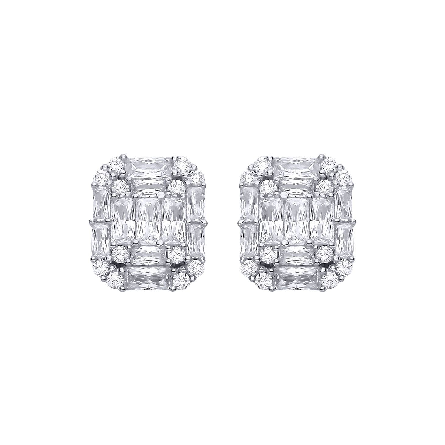 Silver  Radiant CZ Illusion-Emerald-cut Puzzle Drop Earrings - EAG1315
