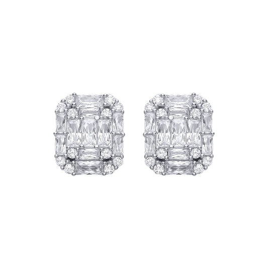 Silver  Radiant CZ Illusion-Emerald-cut Puzzle Drop Earrings - EAG1315