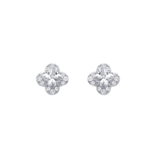 Silver  Clover CZ Clover Solitaire Cluster Stud Earrings - EAG1316