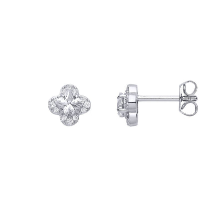 Silver  Clover CZ Clover Solitaire Cluster Stud Earrings - EAG1316