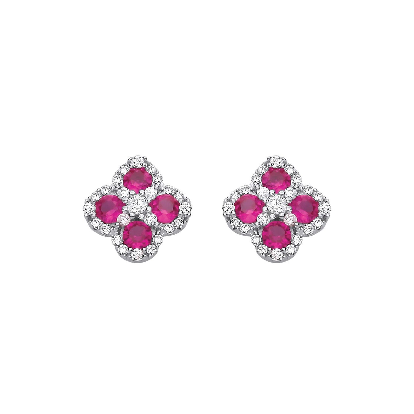 Sterling Silver CZ & Ruby Clover Stud Earrings - EAG1317