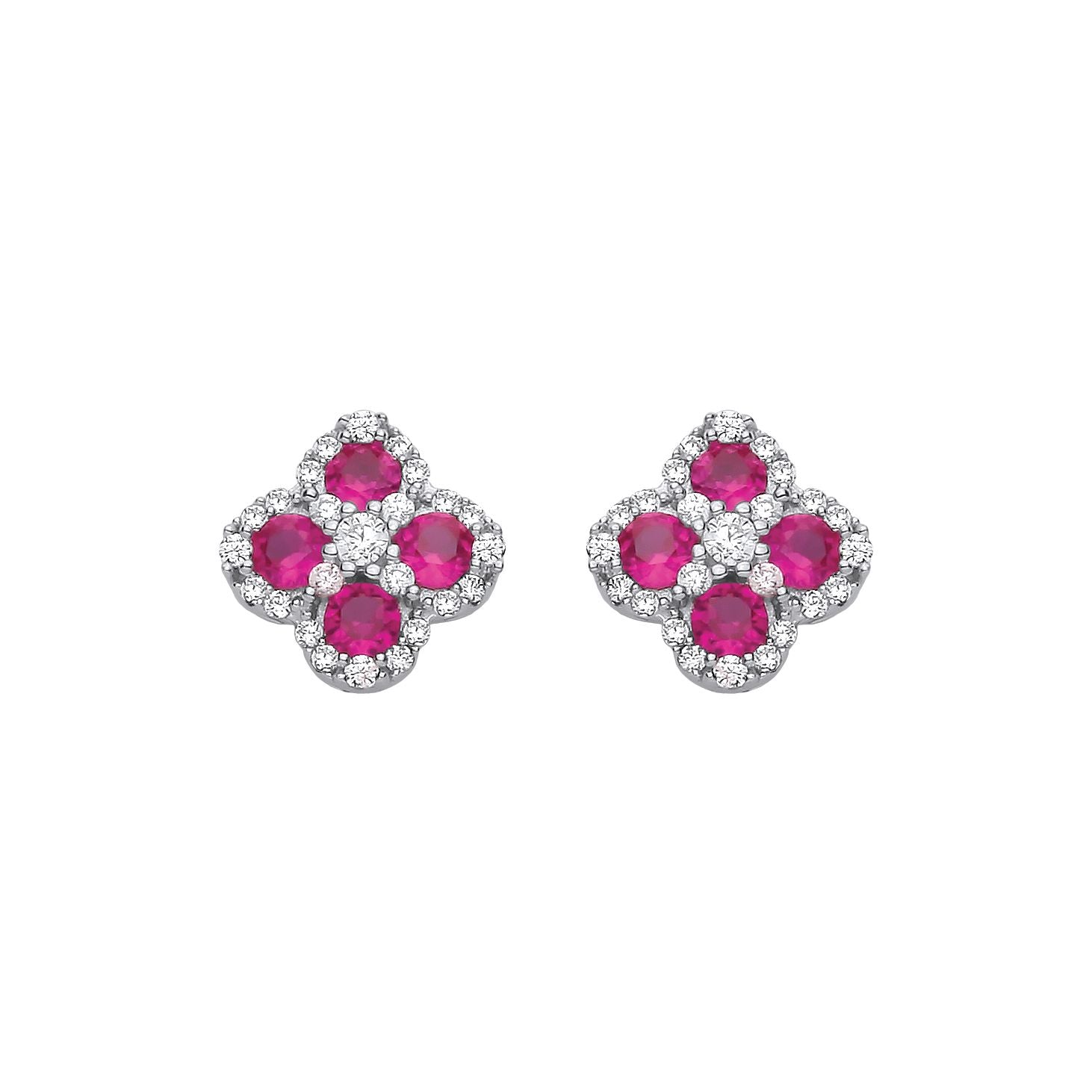 Sterling Silver CZ & Ruby Clover Stud Earrings - EAG1317