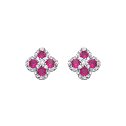 Sterling Silver CZ & Ruby Clover Stud Earrings - EAG1317