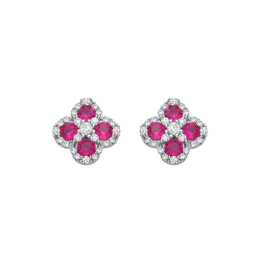Sterling Silver CZ & Ruby Clover Stud Earrings - EAG1317