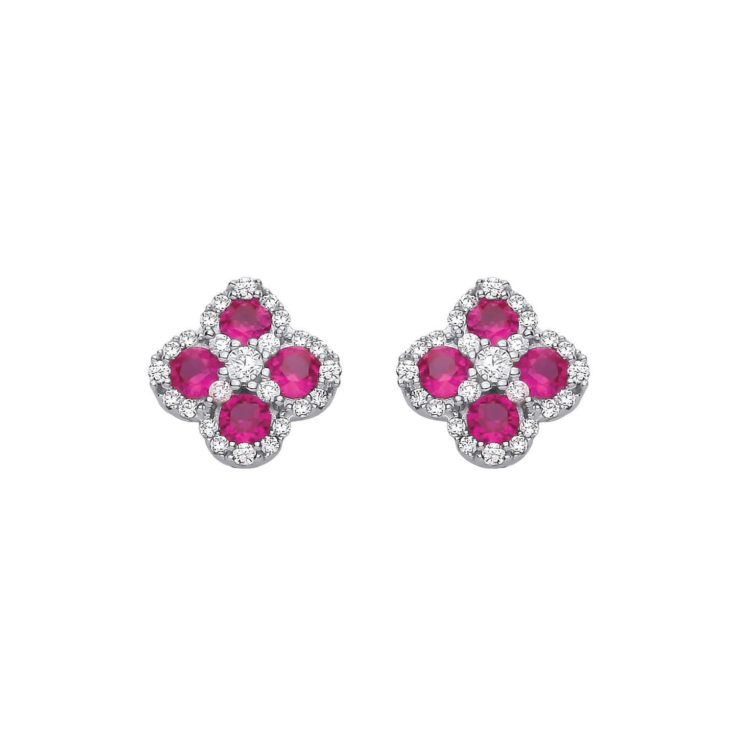 Silver  Red CZ Clover Kiss Quatrefoil Cluster Stud Earrings - EAG1317