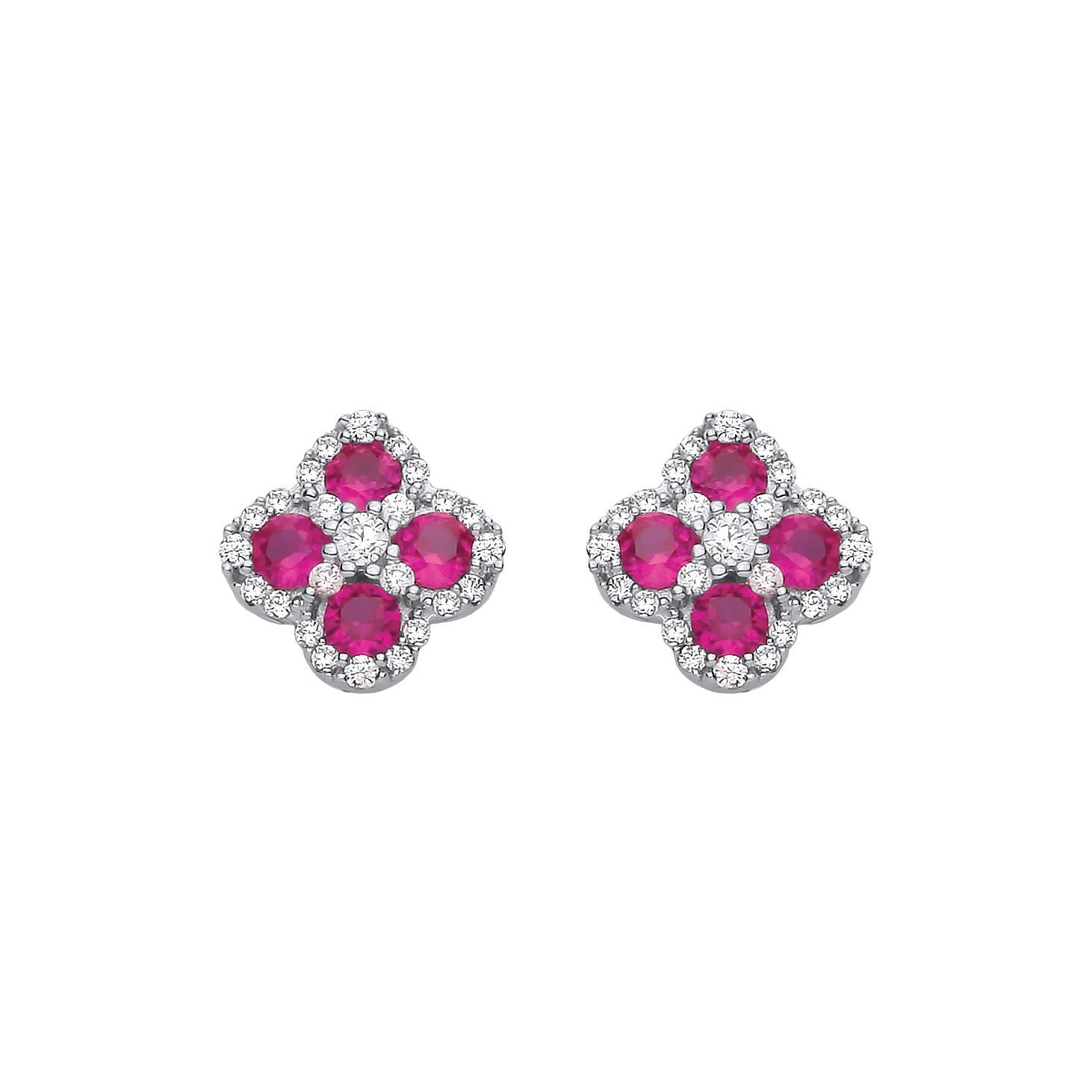 Silver  Red CZ Clover Kiss Quatrefoil Cluster Stud Earrings - EAG1317