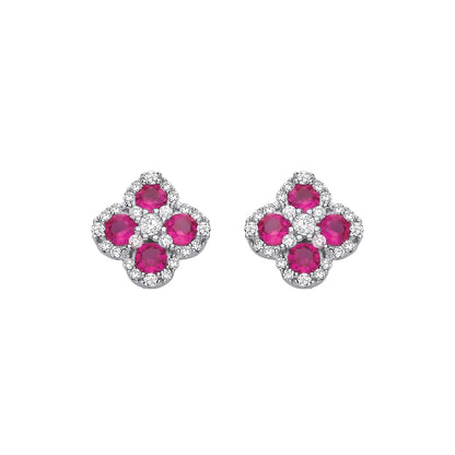Silver  Red CZ Clover Kiss Quatrefoil Cluster Stud Earrings - EAG1317