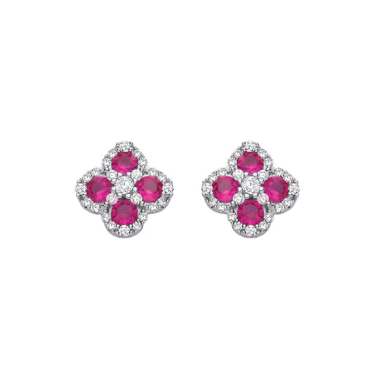 Silver  Red CZ Clover Kiss Quatrefoil Cluster Stud Earrings - EAG1317