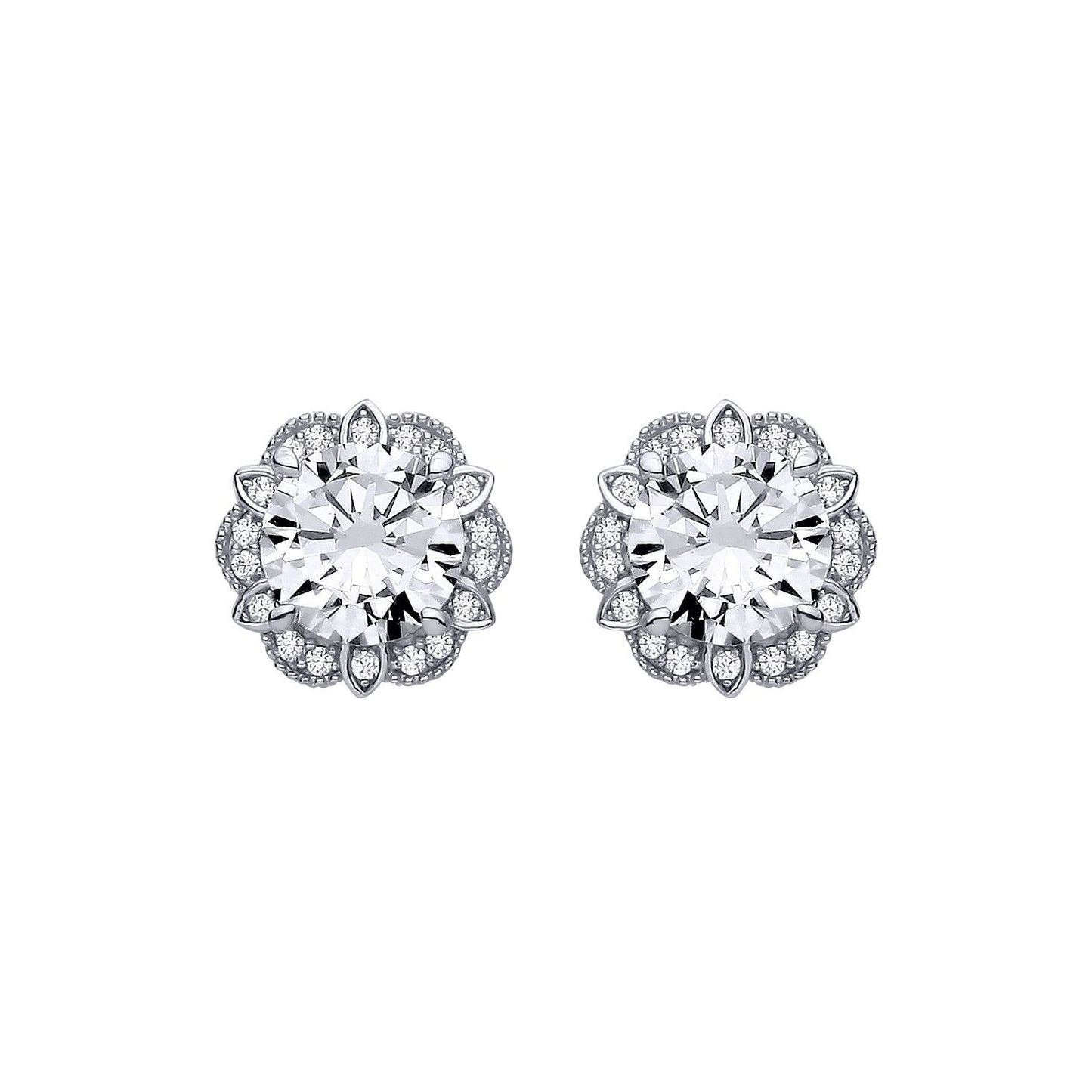 Silver  CZ Tudor Rose Flower Scalloped Halo Stud Earrings - EAG1322