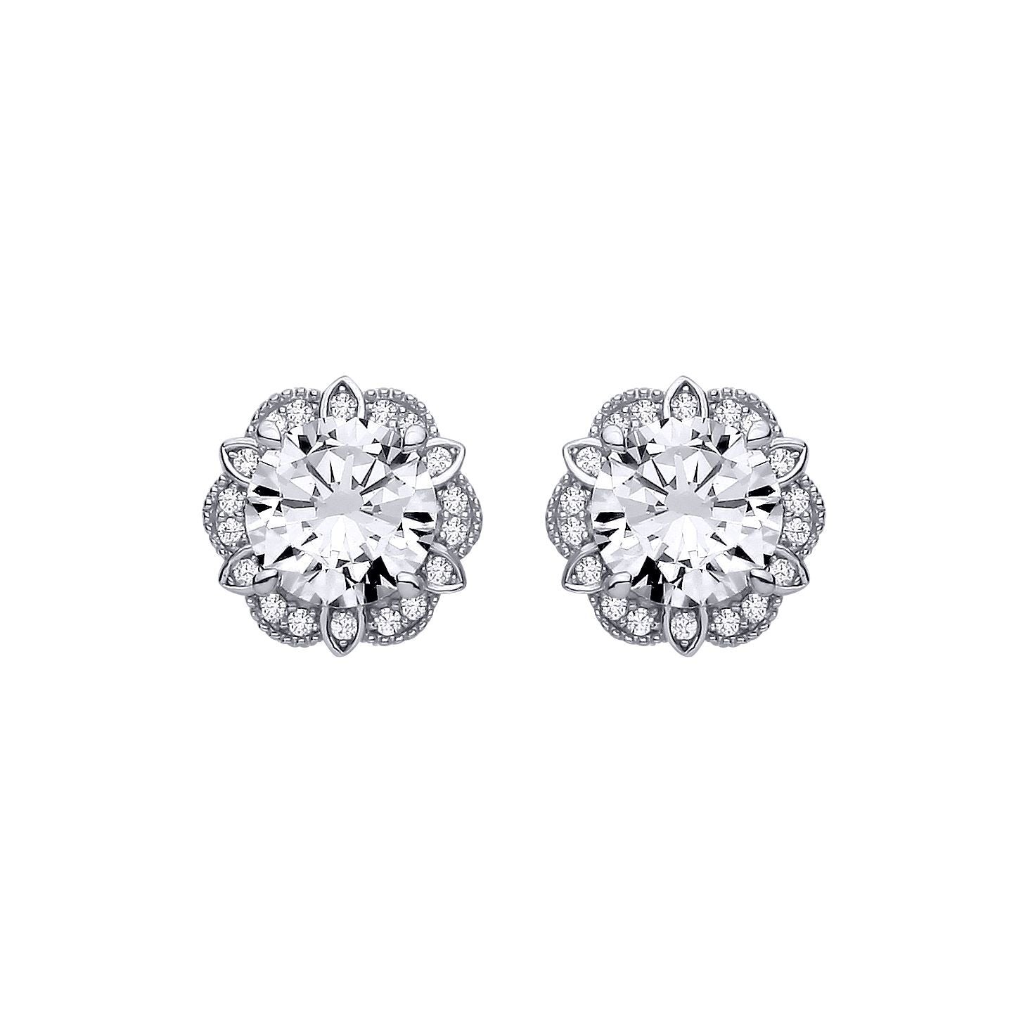 Silver  CZ Tudor Rose Flower Scalloped Halo Stud Earrings - EAG1322