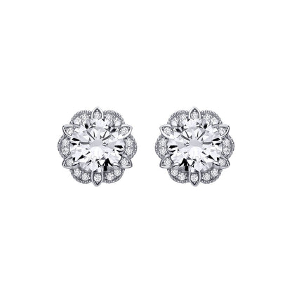 Silver  CZ Tudor Rose Flower Scalloped Halo Stud Earrings - EAG1322